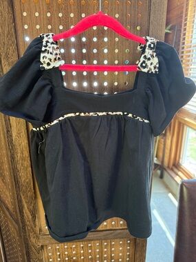 Rachel Zoe Black Top with Leopard-Print Trim